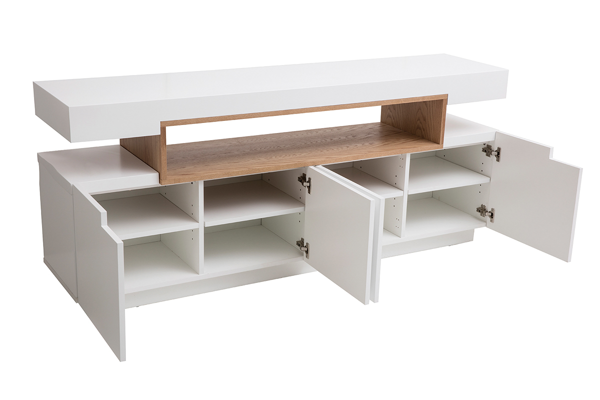 Buffet scandinave blanc laqu� brillant et bois, 4 portes, vue de 3/4 avec niche ouverte en placage ch�ne.