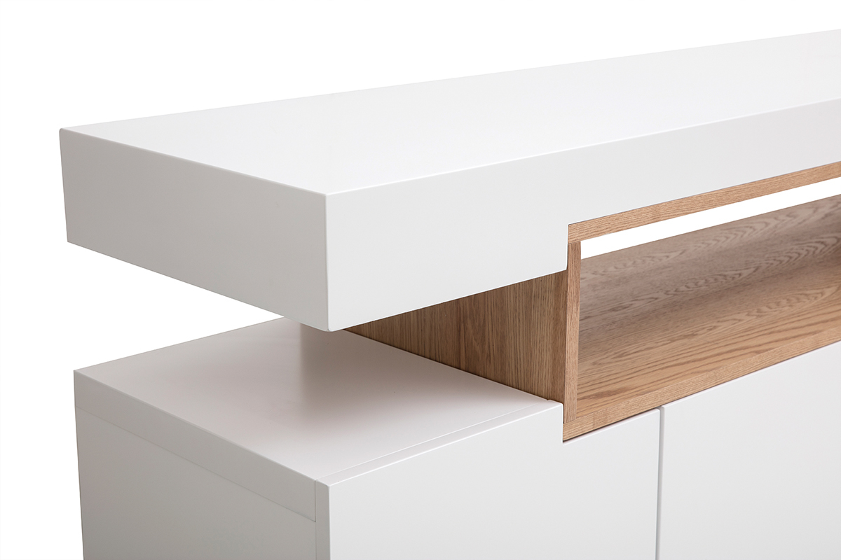 Buffet scandinave blanc laqu� brillant et bois avec niche ouverte, vue de dessus