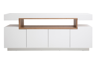Buffet scandinave blanc laqu&eacute; brillant et bois 4 portes L180 cm LIVO
