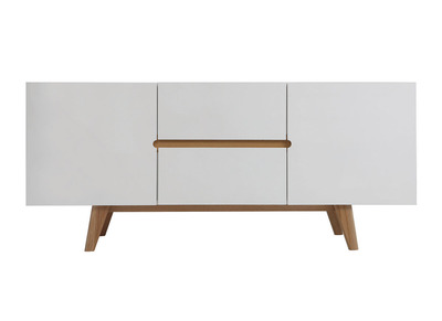 Buffet scandinave blanc laqu&eacute; brillant et finition bois clair 2 portes 2 tiroirs L160 cm MELKA