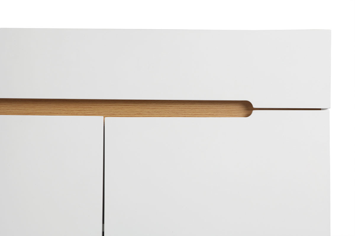 Buffet scandinave blanc laqu� brillant et finition bois clair 4 portes 2 tiroirs L180 cm MELKA