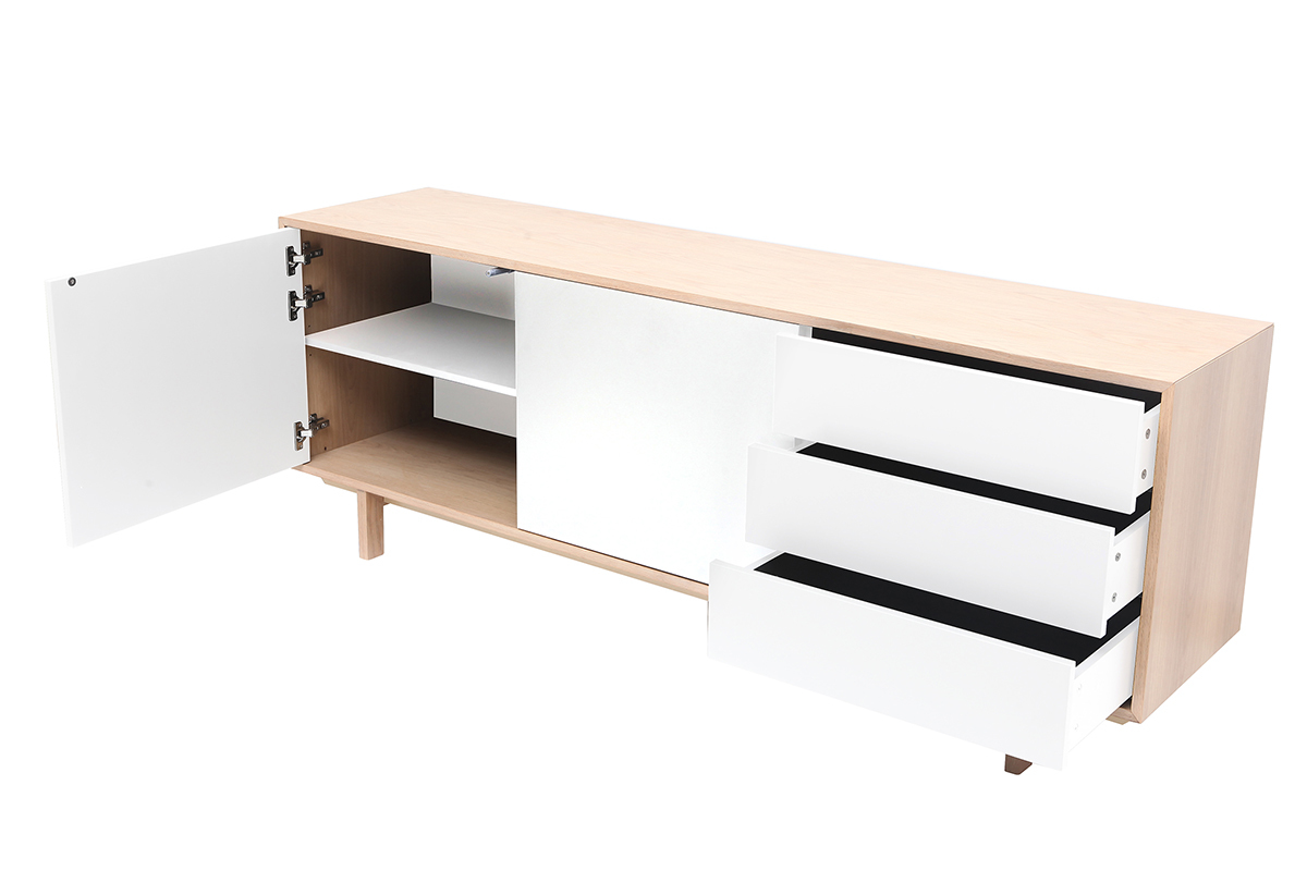 Buffet scandinave bois et blanc 2 portes 3 tiroirs L195 cm SID