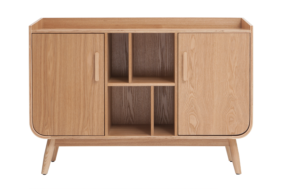 Buffet scandinave en bois clair avec 2 portes et 4 casiers visibles de face.