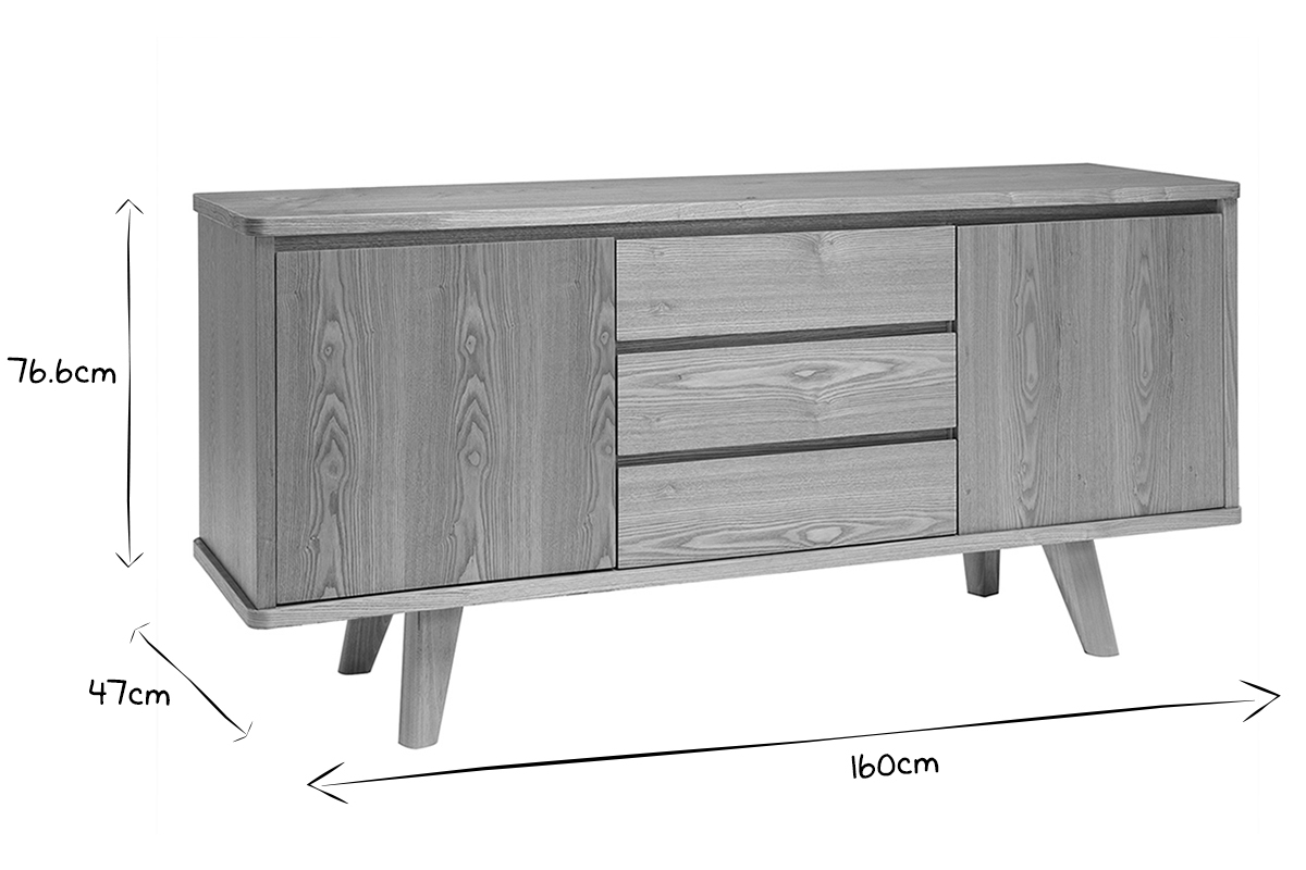 Buffet scandinave 2 portes 3 tiroirs L160 cm, dimensions en noir et blanc.