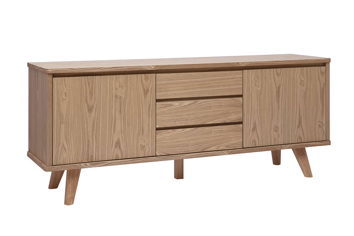Buffet scandinave en bois clair fr�ne, deux portes et trois tiroirs, vue de 3/4, L180 cm.