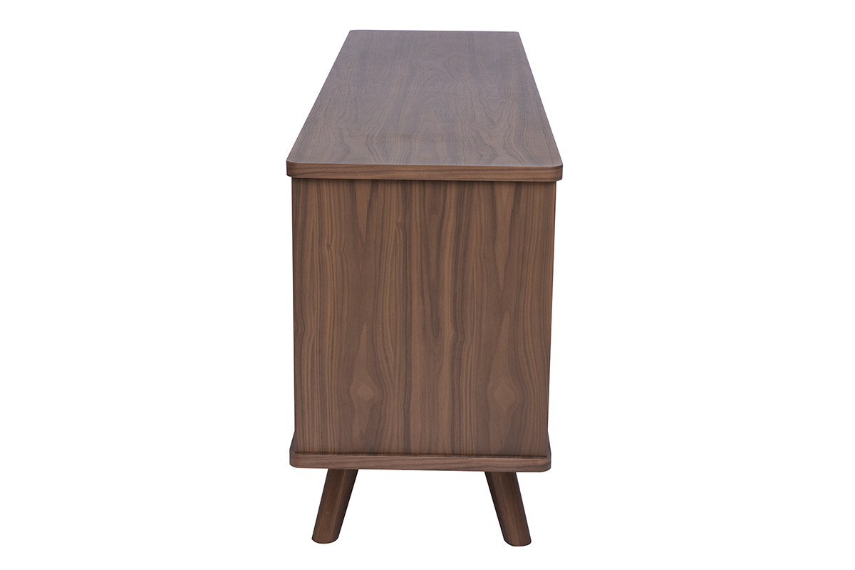 Buffet scandinave en bois fonc� noyer, vue de profil, 2 portes et 3 tiroirs, L180 cm.