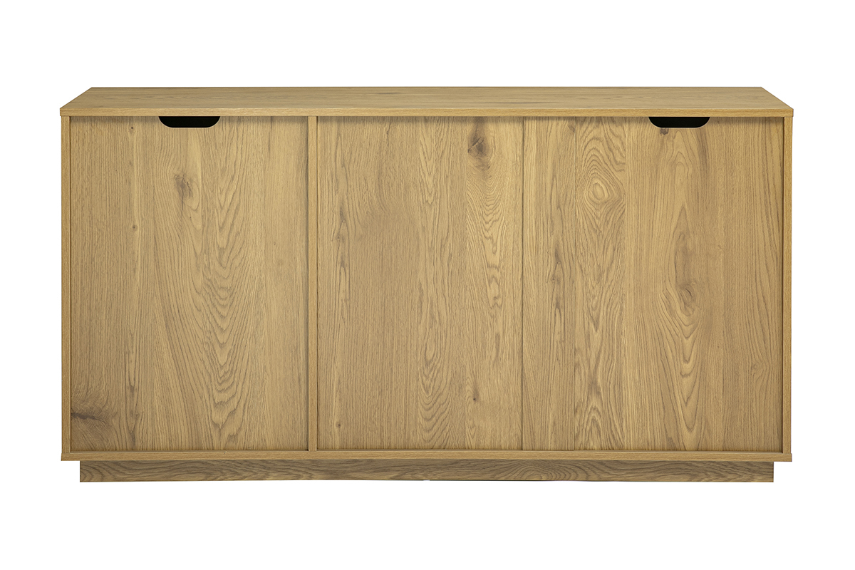 Buffet scandinave finition bois clair ch�ne 3 portes, vue de dos, dimensions L140 x P40 x H75 cm