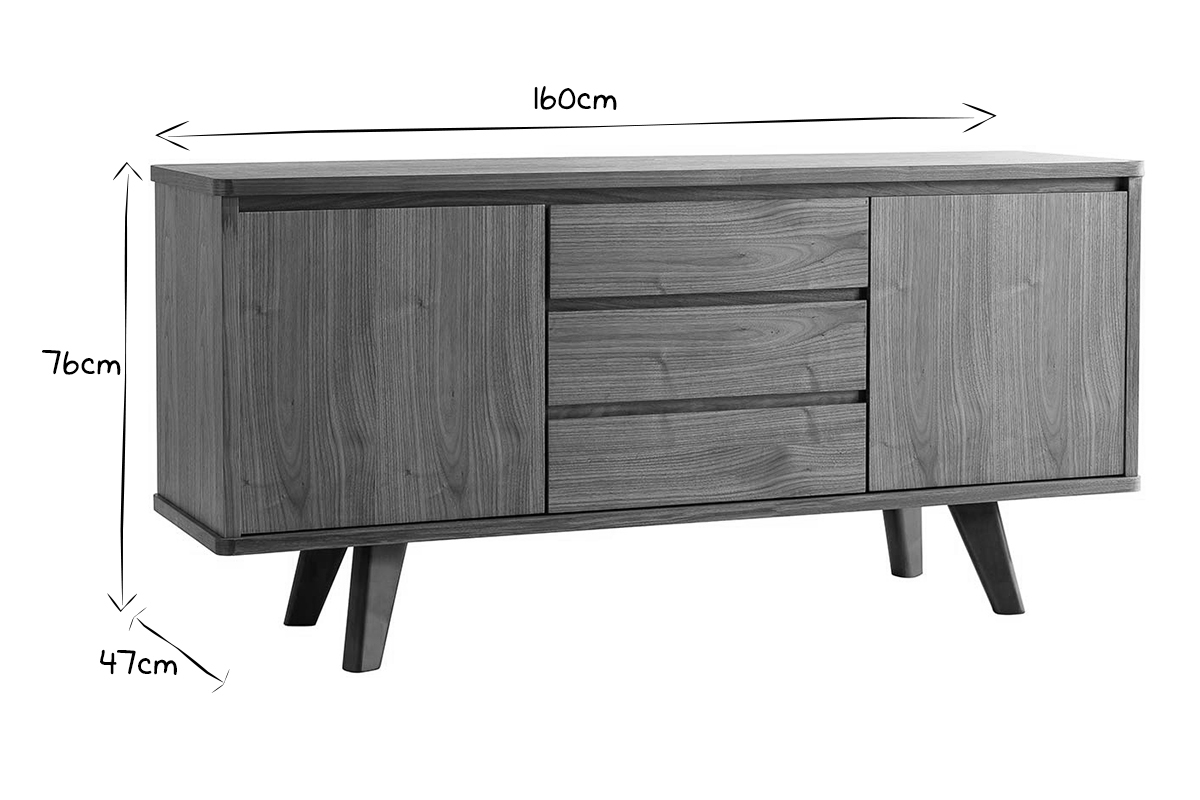 Buffet vintage en bois fonc� noyer 2 portes 3 tiroirs L160 cm FIFTIES