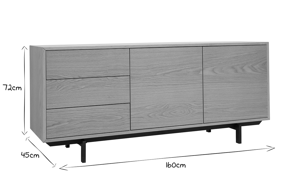 Buffet en bois fonc� avec dimensions 160x45x72 cm, vue de profil, en noir et blanc.