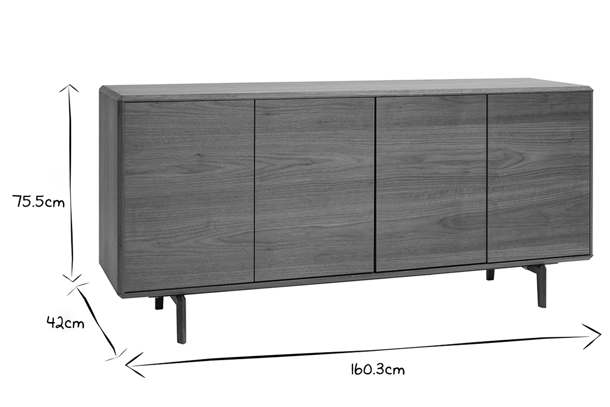 Buffet vintage en bois fonc� noyer 4 portes, dimensions L160.3 x P42 x H75.5 cm, en noir et blanc.