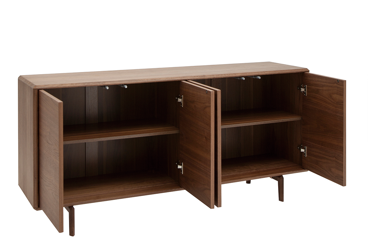 Buffet vintage en bois fonc� noyer, 4 portes ouvertes, vue de face, �tag�res visibles.