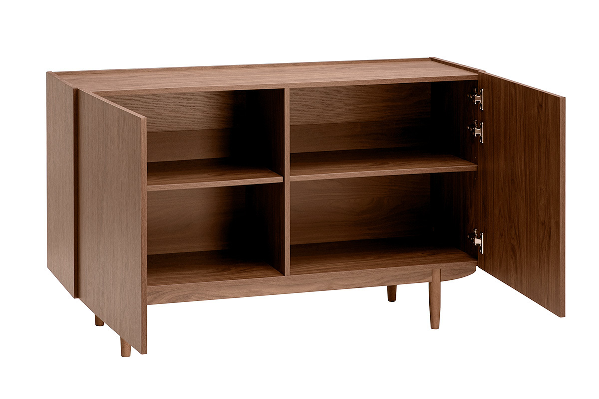 Buffet vintage en bois fonc� noyer avec deux portes ouvertes, montrant les �tag�res int�rieures.