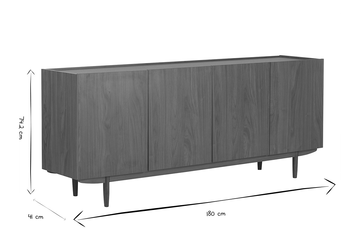 Buffet 4 portes en bois fonc�, dimensions H74,2xL180xP41 cm, style vintage, vue de c�t�. Noir et blanc.