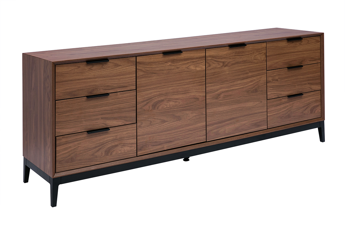 Buffet vintage finition bois fonc� noyer et m�tal noir avec rangements L180 cm SARTO