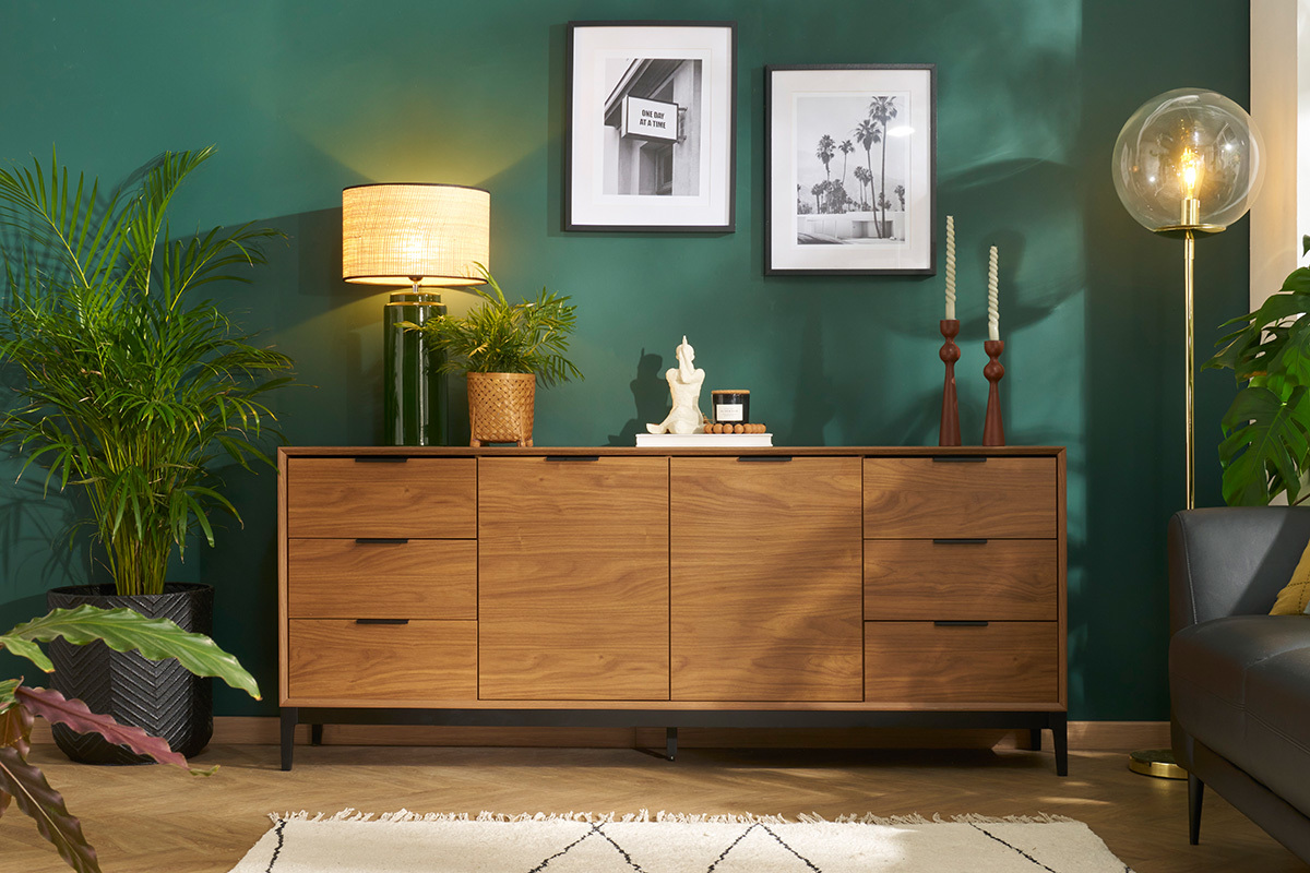Buffet vintage finition bois fonc� noyer et m�tal noir avec rangements L180 cm SARTO