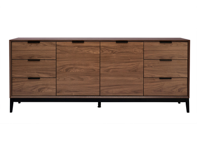 Buffet vintage finition bois fonc&eacute; noyer et m&eacute;tal noir avec rangements L180 cm SARTO