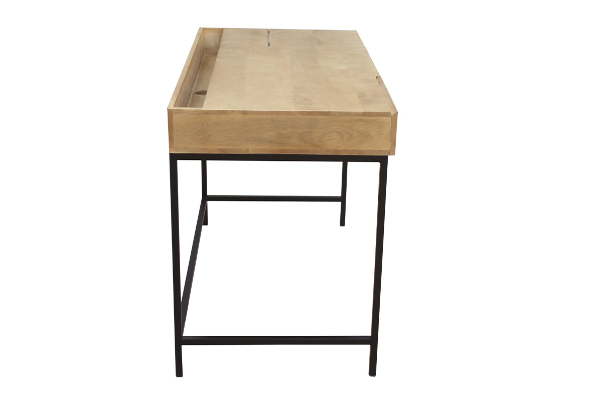 Bureau � rangements industriel bois manguier massif et m�tal noir L118 cm YPSTER