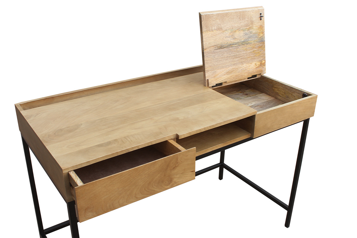Bureau � rangements industriel bois manguier massif et m�tal noir L118 cm YPSTER