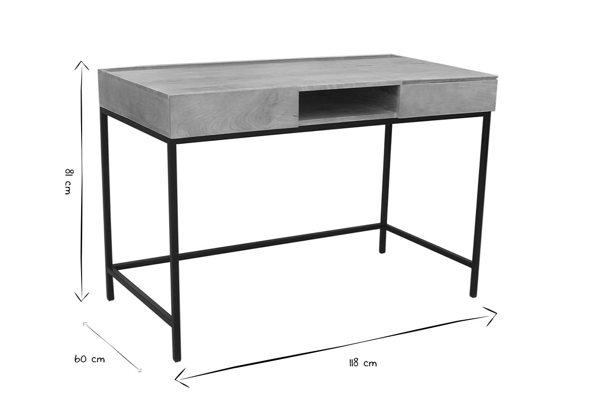 Bureau � rangements industriel bois manguier massif et m�tal noir L118 cm YPSTER