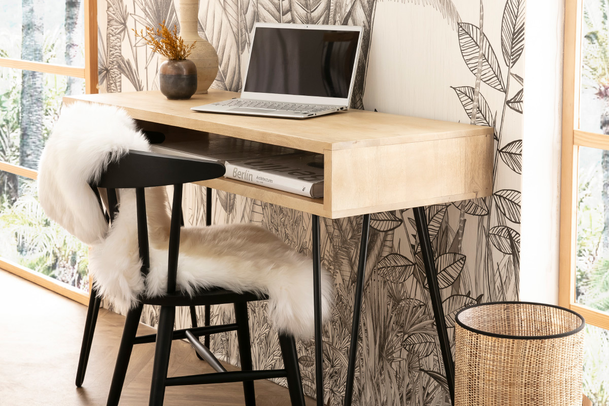 Bureau avec rangement en bois manguier massif et m�tal noir L116 cm VIBES