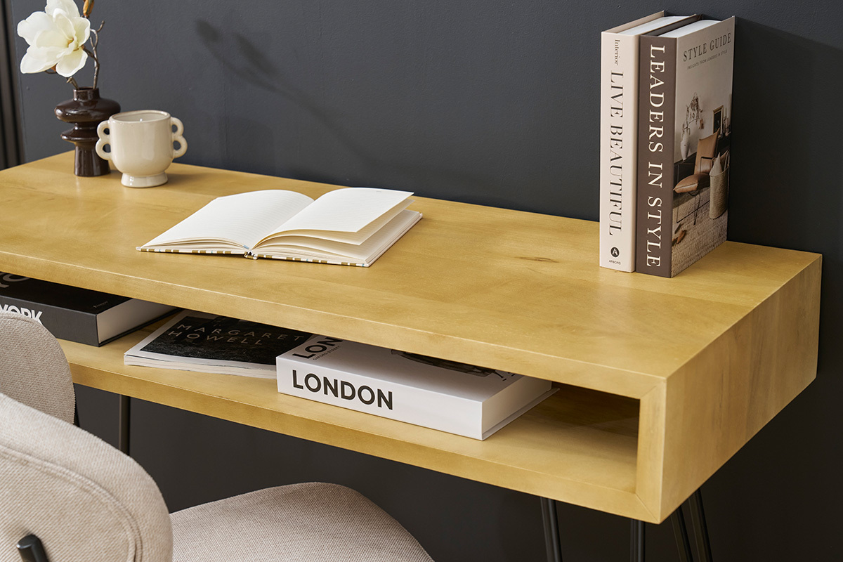 Bureau avec rangement en bois manguier massif et m�tal noir L116 cm VIBES