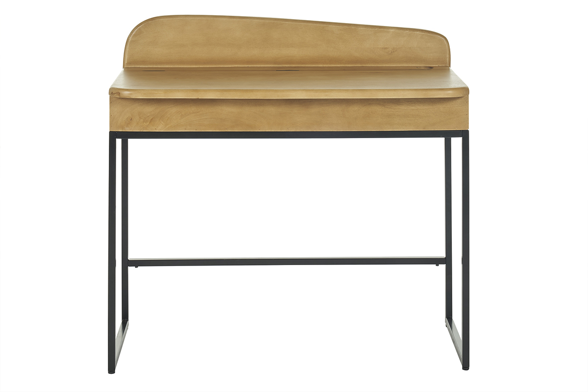 Bureau SHIVA en bois de manguier et m�tal noir, vue de face.