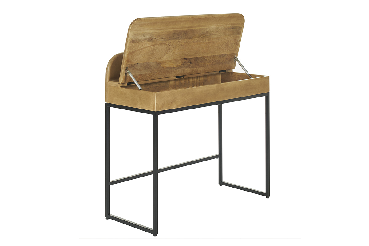 Bureau en bois de manguier avec plateau relevable et structure m�tal, vue de c�t�.