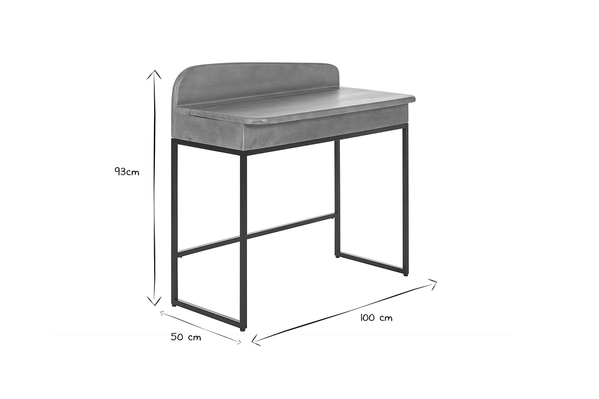 Dimensions du bureau Shiva 100x50x93 cm en noir et blanc, vue de profil.