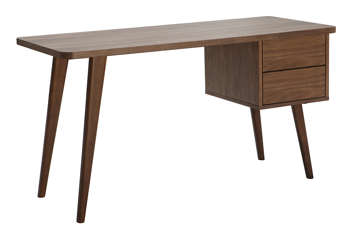 Bureau avec rangements 2 tiroirs bois fonc� noyer L140 cm FIFTIES