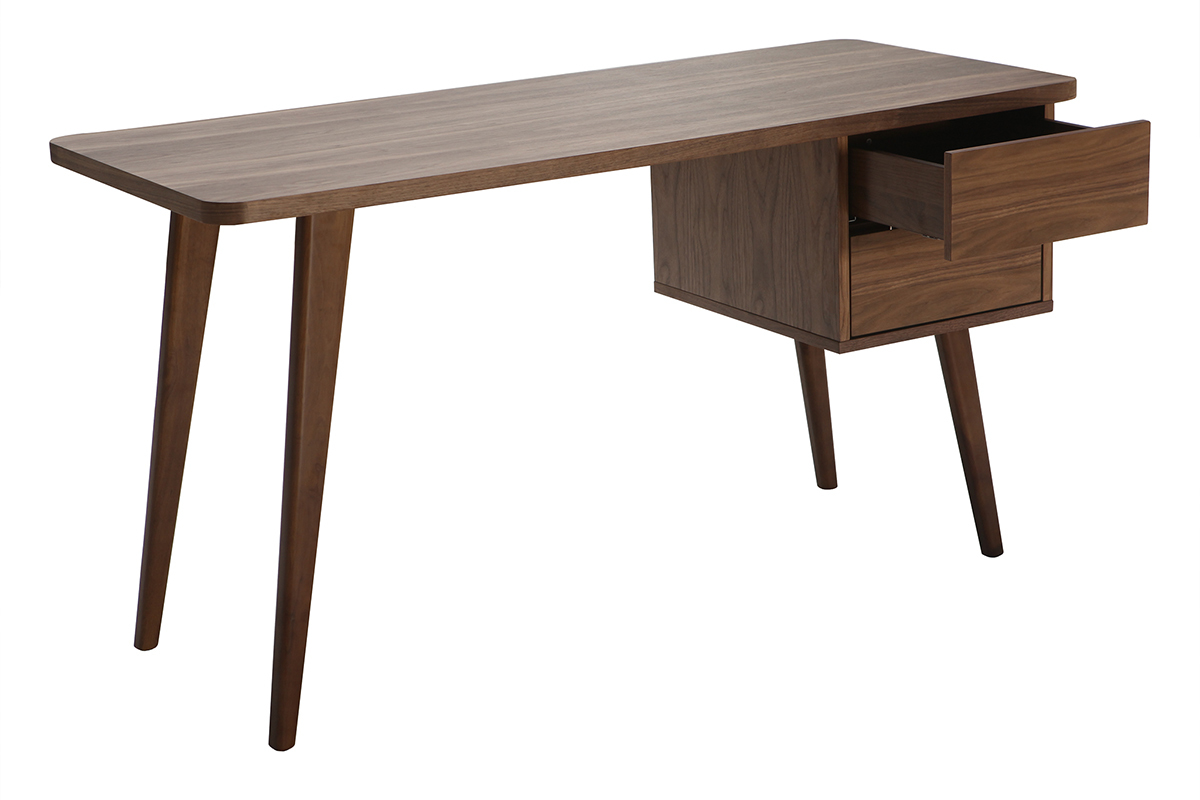 Bureau avec rangements 2 tiroirs bois fonc� noyer L140 cm FIFTIES