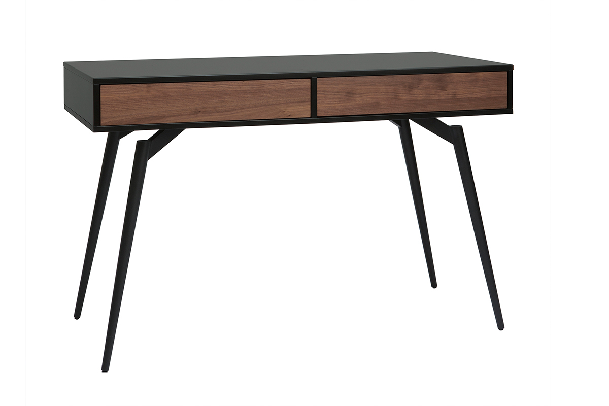 Bureau avec rangements 2 tiroirs design noir mat et bois fonc� noyer L120 cm TRIPOLI