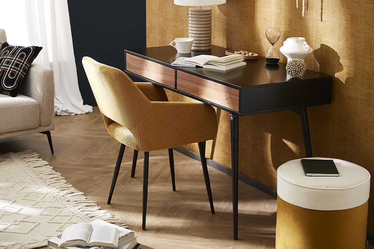 Bureau avec rangements 2 tiroirs design noir mat et bois fonc� noyer L120 cm TRIPOLI