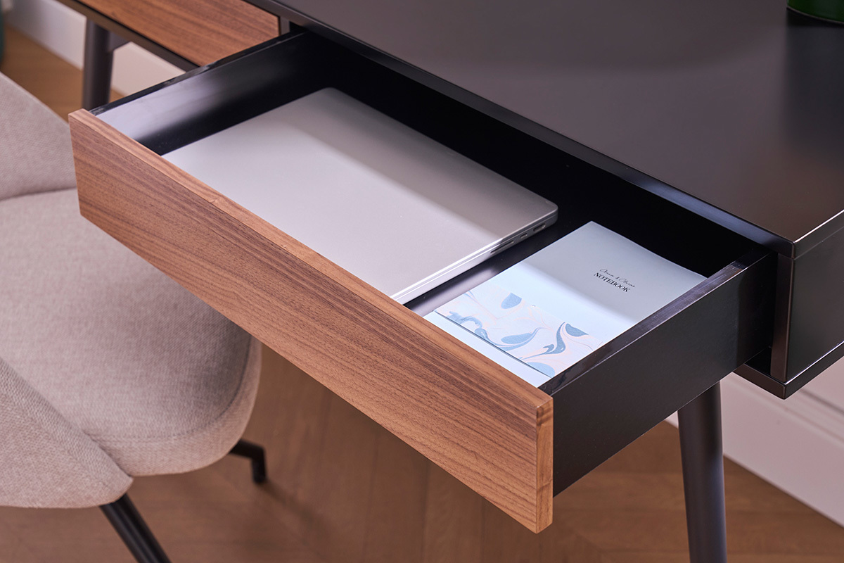 Bureau avec rangements 2 tiroirs design noir mat et bois fonc� noyer L120 cm TRIPOLI