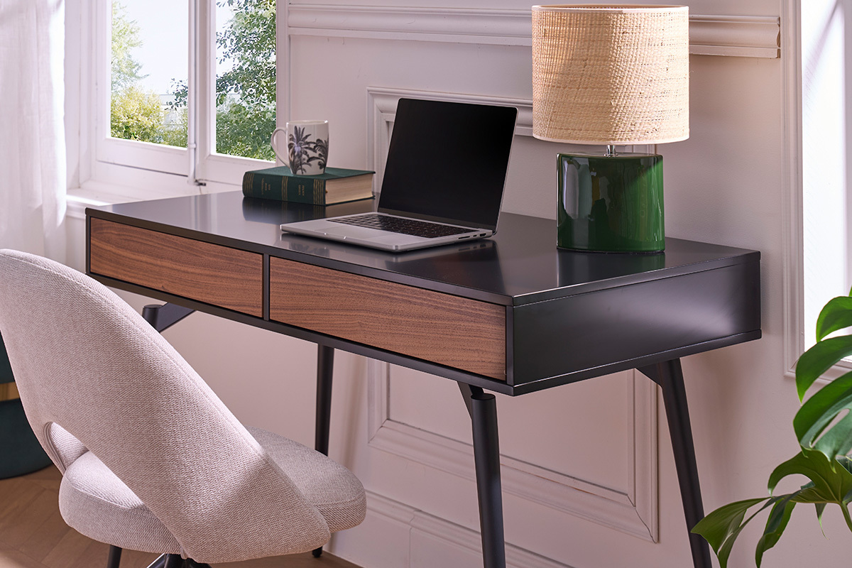 Bureau avec rangements 2 tiroirs design noir mat et bois fonc� noyer L120 cm TRIPOLI