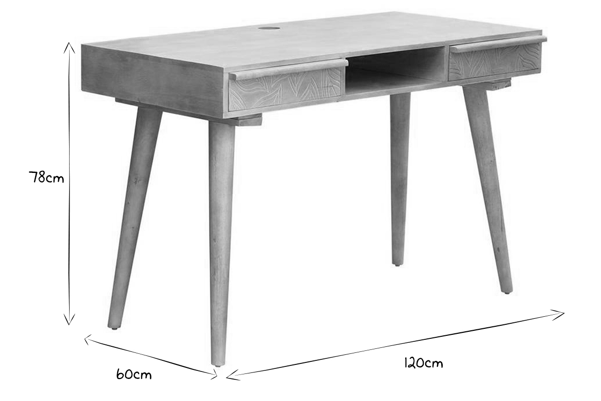 Bureau avec rangements 2 tiroirs ethnique bois manguier massif grav� L120 cm KAFFIR