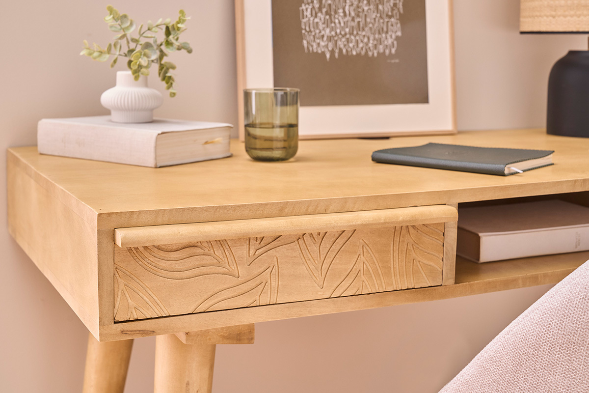 Bureau avec rangements 2 tiroirs ethnique bois manguier massif grav� L120 cm KAFFIR