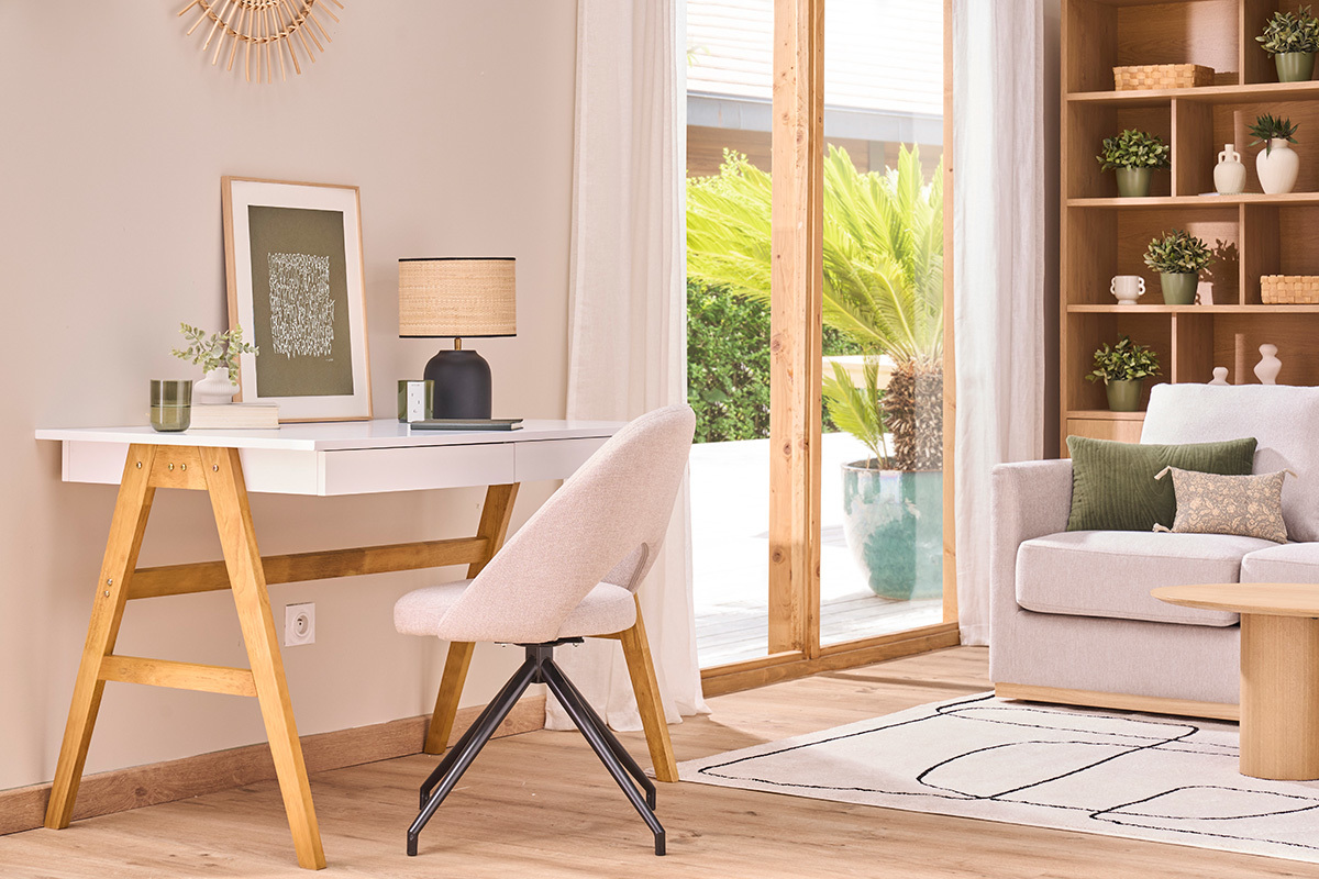 Bureau avec rangements 2 tiroirs scandinave blanc et bois clair ch�ne L120 cm BROOK
