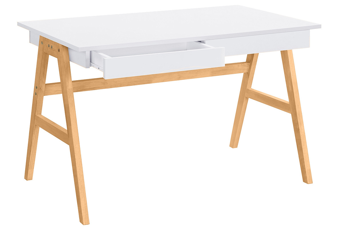 Bureau avec rangements 2 tiroirs scandinave blanc et bois clair ch�ne L120 cm BROOK