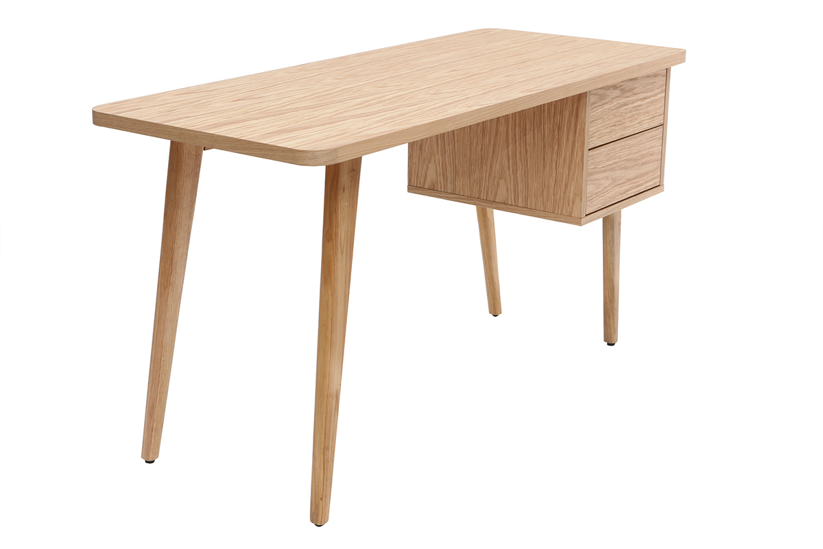 Bureau avec rangements 2 tiroirs scandinave bois clair ch�ne L140 cm FIFTIES