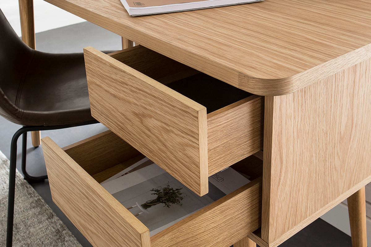 Bureau avec rangements 2 tiroirs scandinave bois clair ch�ne L140 cm FIFTIES