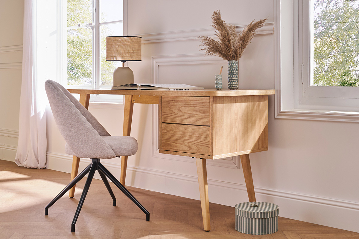 Bureau avec rangements 2 tiroirs scandinave bois clair ch�ne L140 cm FIFTIES