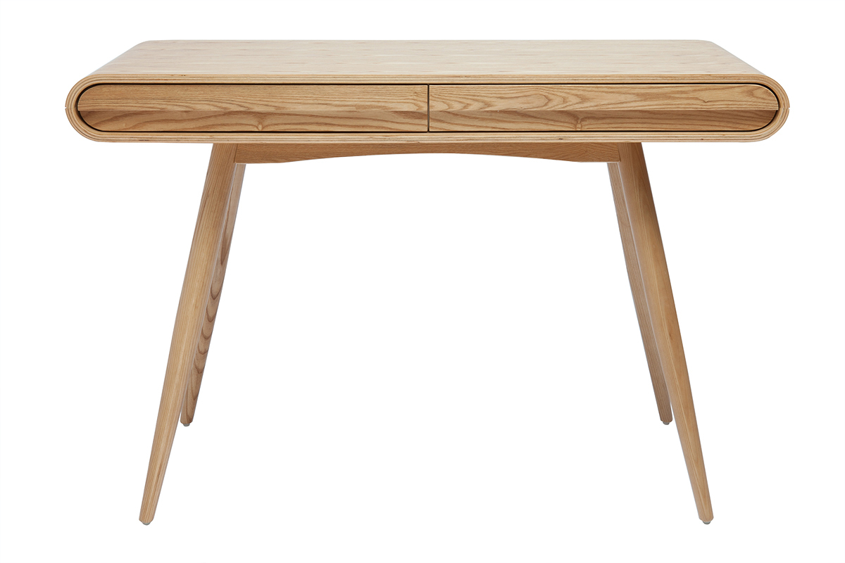 Bureau scandinave en bois clair avec 2 tiroirs, vue de face.