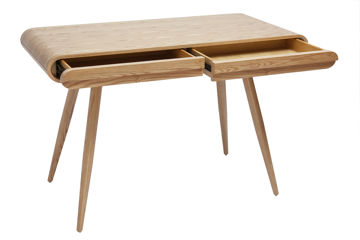 Bureau scandinave bois clair avec 2 tiroirs ouverts, vue de trois quarts.
