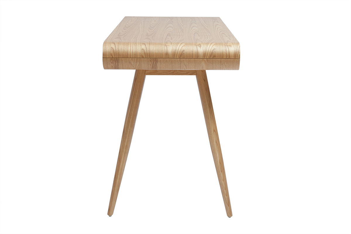 Bureau scandinave bois clair avec deux tiroirs, vue de profil.