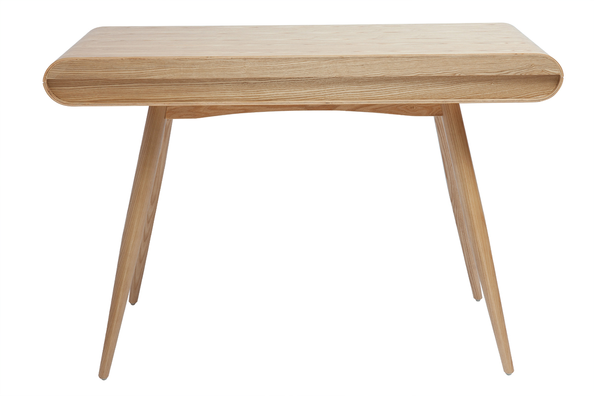 Bureau scandinave en bois clair avec deux tiroirs, vue de dos.