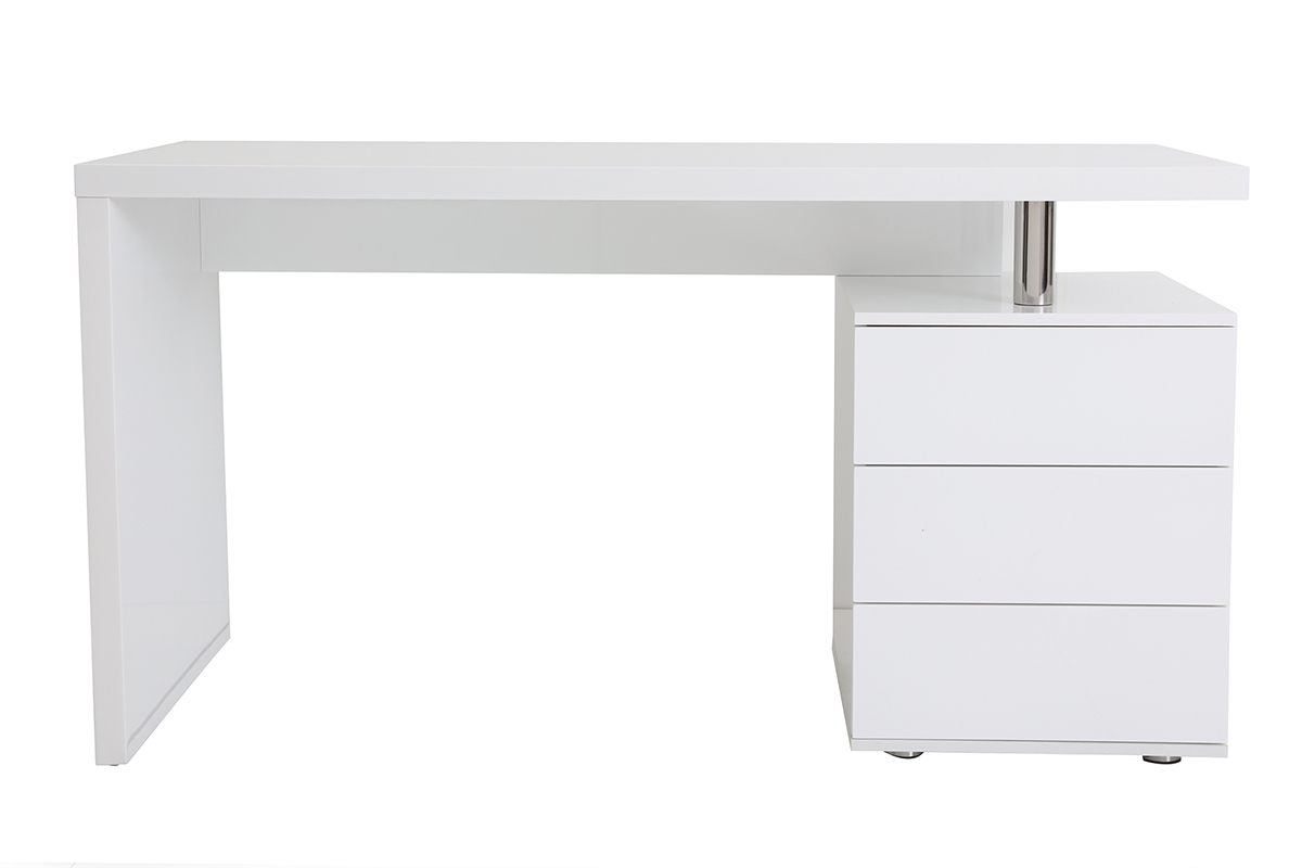 Bureau blanc laqu� avec caisson 3 tiroirs, vue de face.