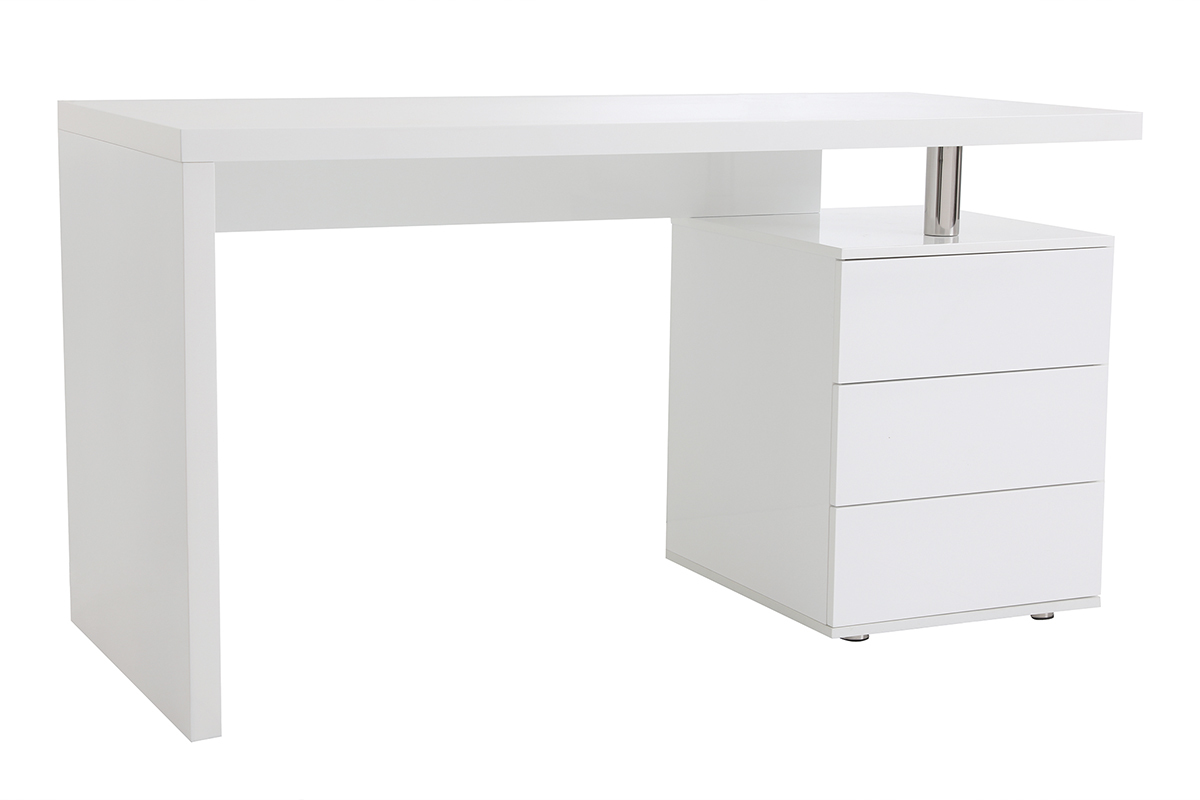 Bureau blanc laqu� brillant avec 3 tiroirs, vue de 3/4.