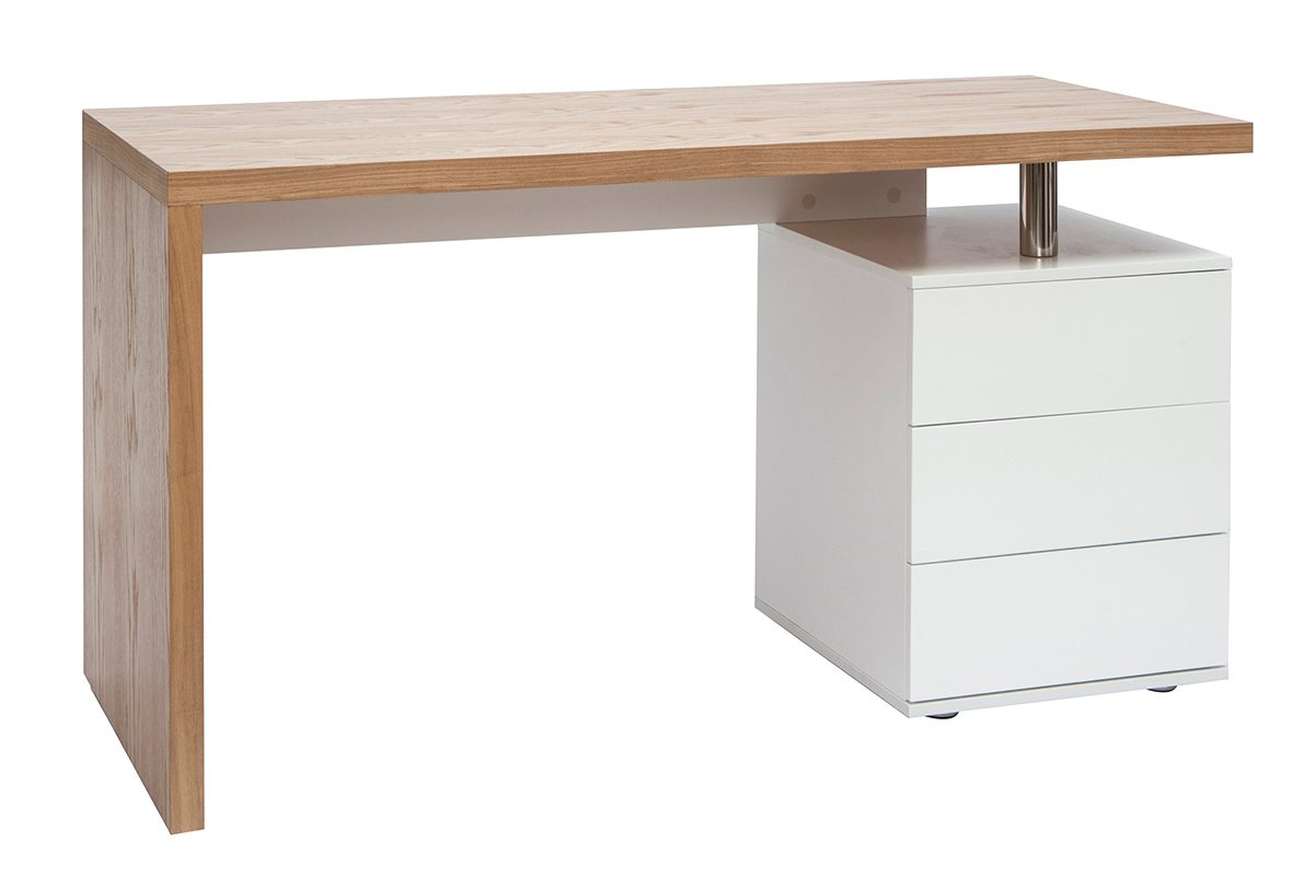 Bureau bois clair et blanc avec 3 tiroirs, vue de 3/4.