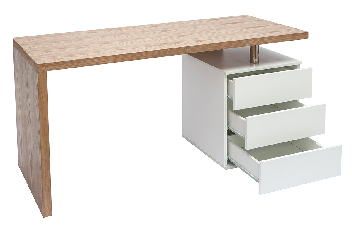 Bureau design bois clair ch�ne et blanc, 3 tiroirs ouverts, vue de c�t�.