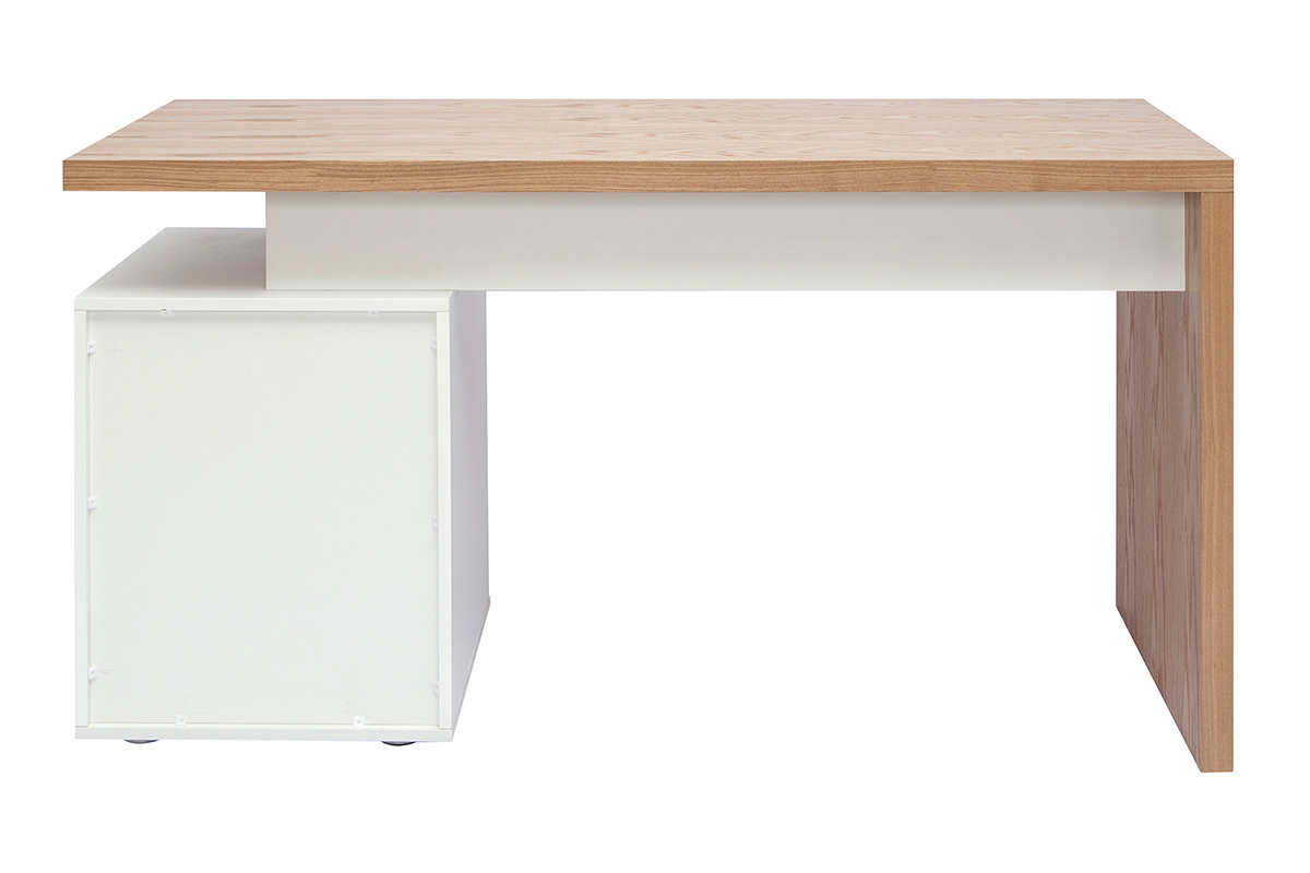 Bureau bois clair ch�ne et blanc avec 3 tiroirs, vue de dos.